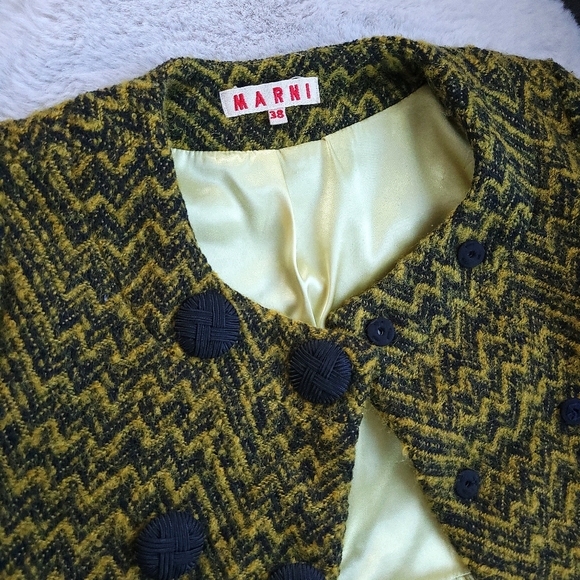 Marni Chevron Chartreuse Wool Puff Sleeve Jacket Coat - Picture 4 of 16